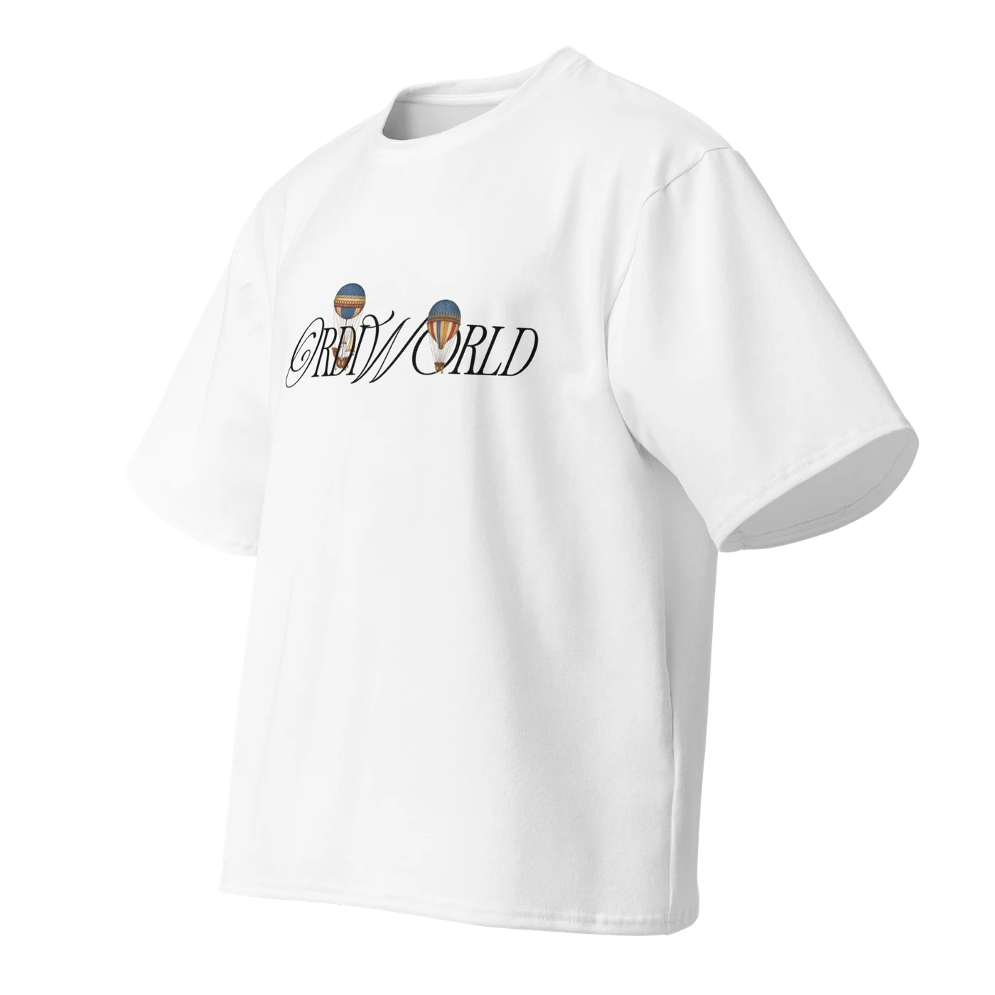 OrdiWorld Balloons — White Oversized Tee — 3D front