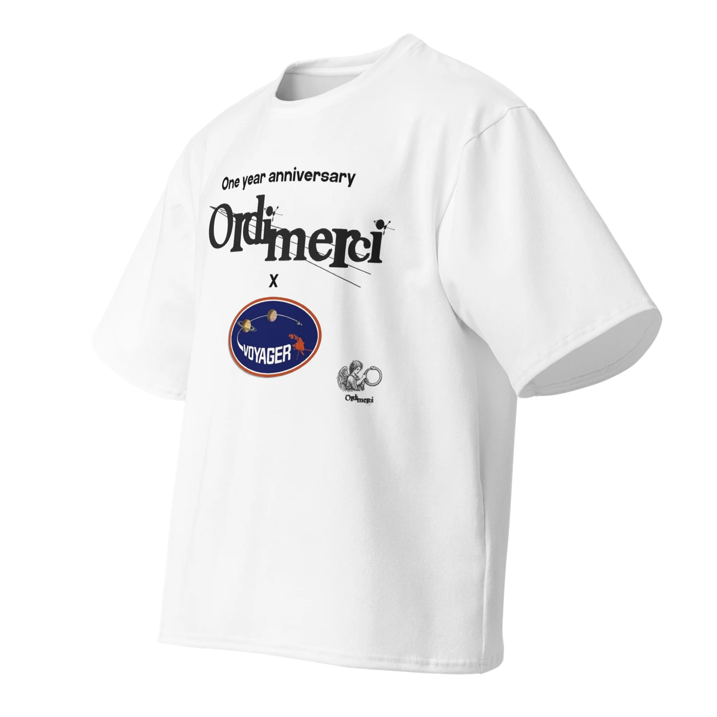 Ordimerci x Voyager — White Oversized Tee — 3D front