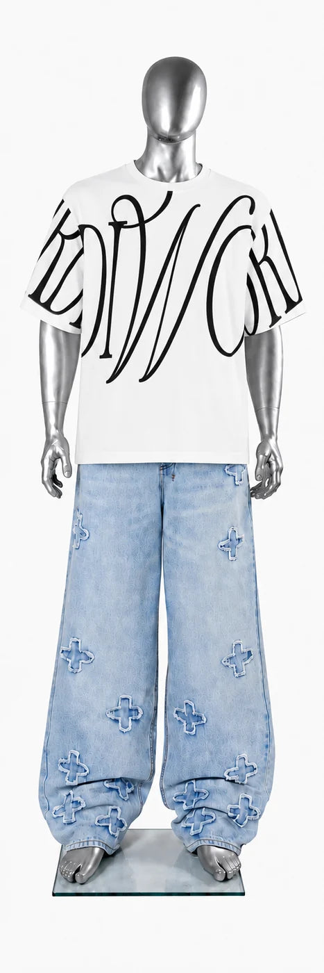 OrdiWorld Oversized Wordmark — White Oversized Tee — Mannequin front