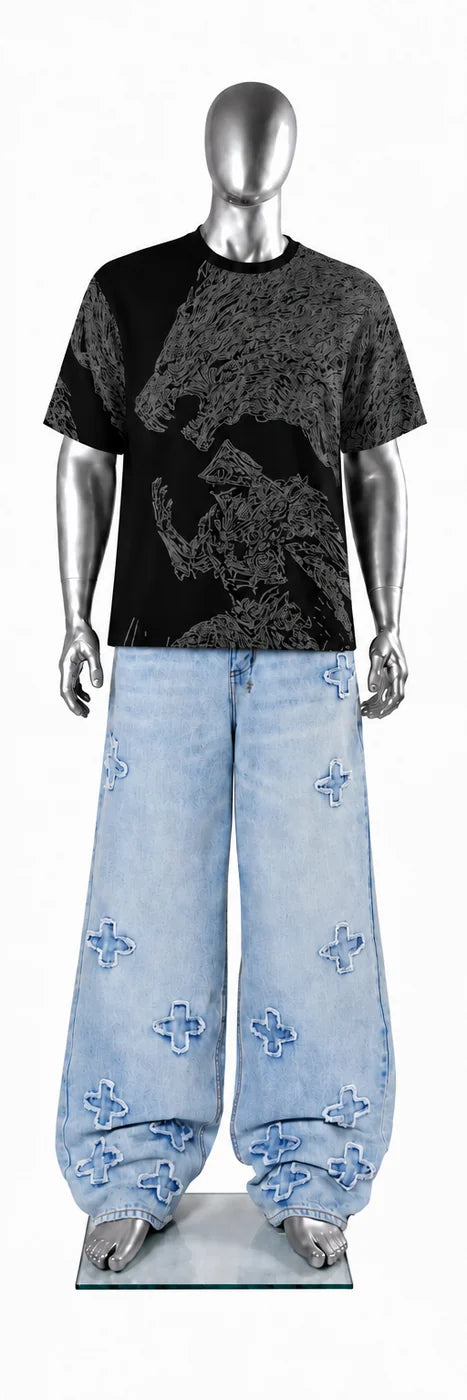 001 — Black Oversized Tee — Mannequin front